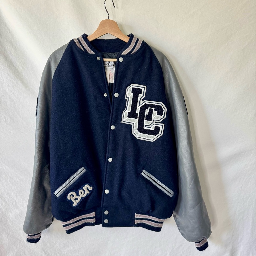 Vintage 90s XXL Navy and Gray Leather Varsity Letterman Jacket